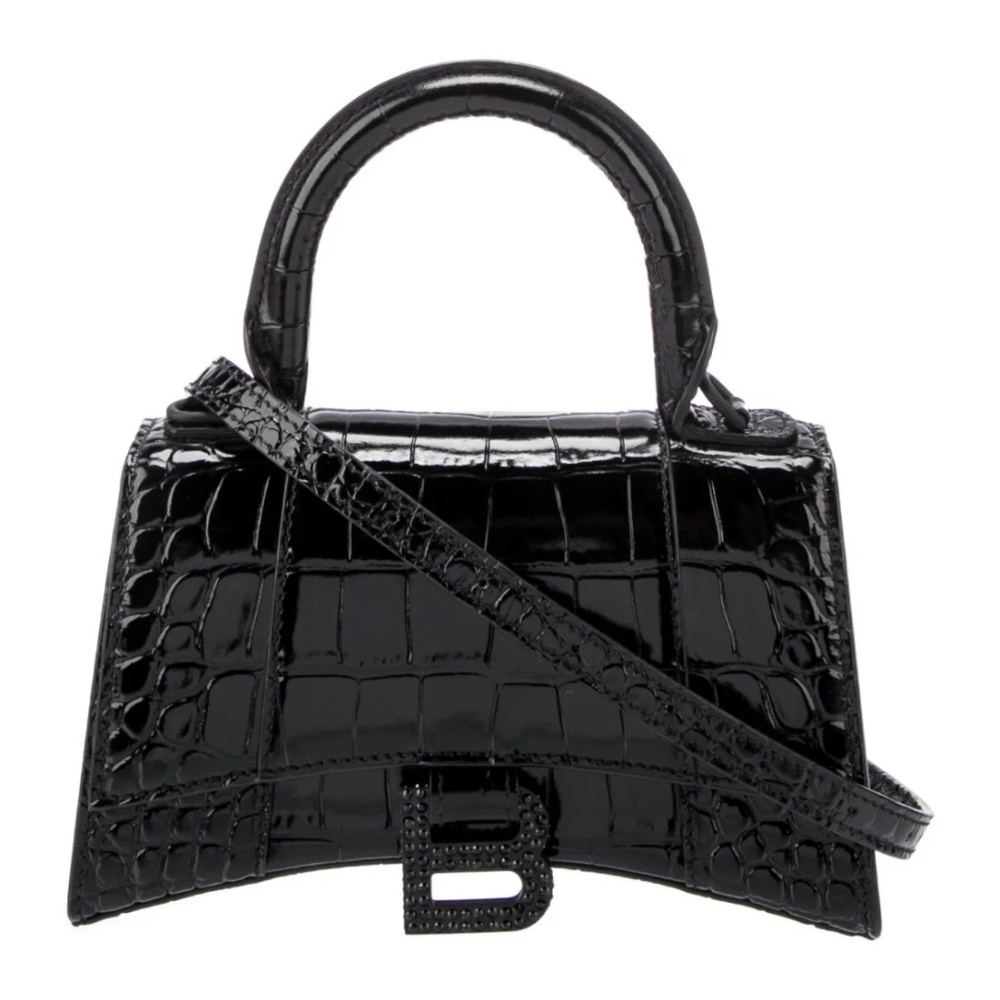 BALENCIAGA Black Hourglass XS Handbag Crocodile Embossed Swarovski Crystal BB